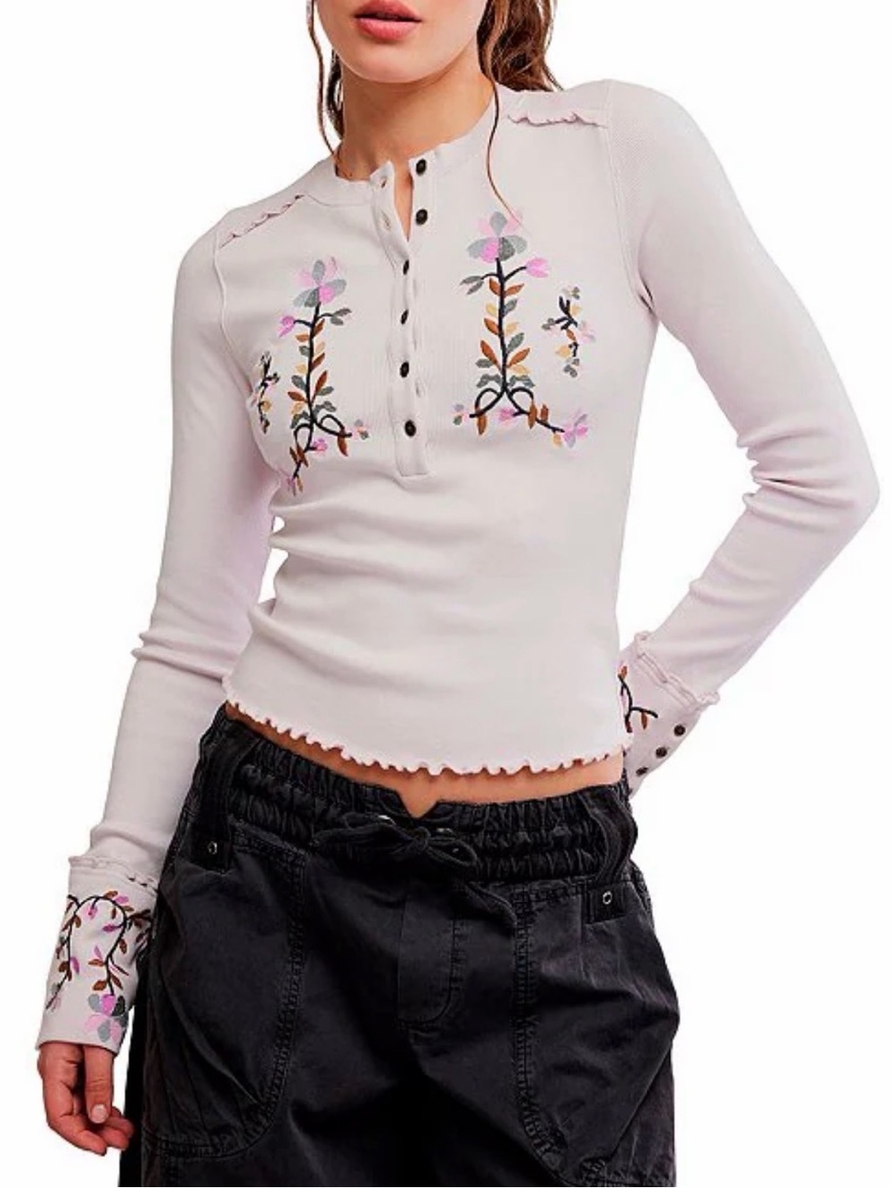 Free People Fleur Embroidered Henley Neck Long Sleeve Top